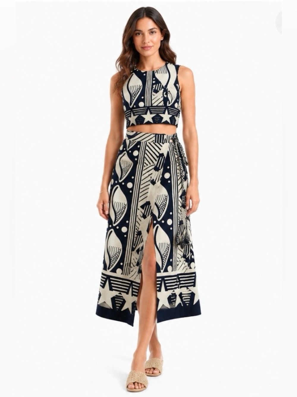 FARM Rio Stars & Shells Linen 2-Piece Set Crop Top Wrap Skirt M